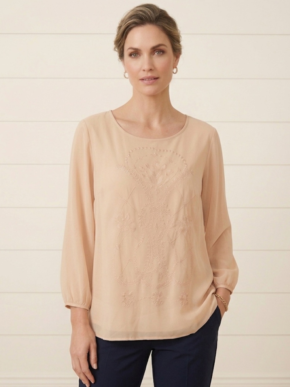 Elegant Embroidered Long-Sleeve Top - Beige